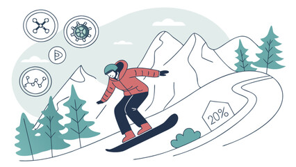 Snowboarding adventure winter sport vacation in the mountains with discount offer and technology icons view