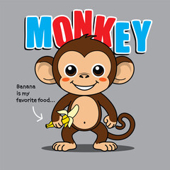 Cartoon monkey holding peeled banana with smiling face under bold monkey text and favorite food quote on gray background. Jungle animal concept
