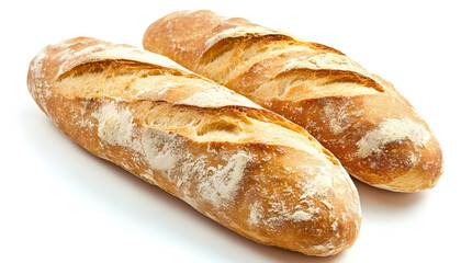 Freshly baked baguette or Golden-brown baguette, freshly baked and dusted with flour. One freshly baked baguette isolated