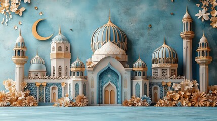 Obraz premium Festive Mosque with floral decor night sky Eid celebration greeting card.