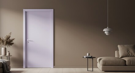 Minimalist brown and pastel purple interior with closed modern door
