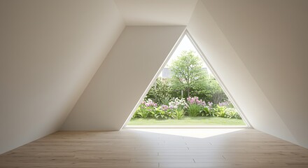 Minimal style empty triangle room interior with nature view, There are white wall, wooden floor, There are large window look out to see gardenview.