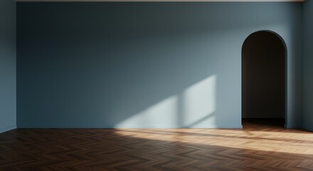 Interior empty a minimalistic design with a mineral blue wall, a wooden floor, and a large window. There's also an arched doorway leading into a darker wall