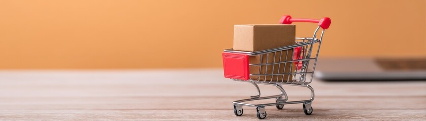 Seamless E-Commerce Transactions with Secure Payment Gateway Solutions, A shopping cart with boxes on a wooden surface against a vibrant orange background.