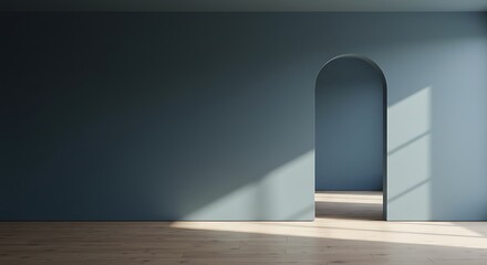 Interior empty a minimalistic design with a mineral blue wall, a wooden floor, and a large window. There's also an arched doorway leading into a darker wall