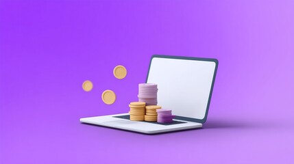 Seamless E-Commerce Transactions with Secure Payment Gateway Solutions, Digital illustration of a laptop with stacks of coins, symbolizing online finance and investment.
