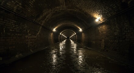 Underground vaulted urban sewer tunnel with dirty sewage.