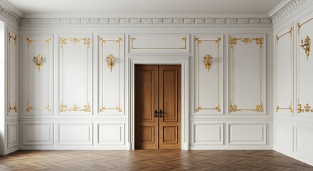 White wall panels in classical style with gilding and door