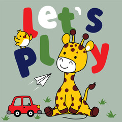 Cartoon giraffe sitting on grass playing with paper plane toy car and bird under colorful let's play text. Childhood playtime concept

