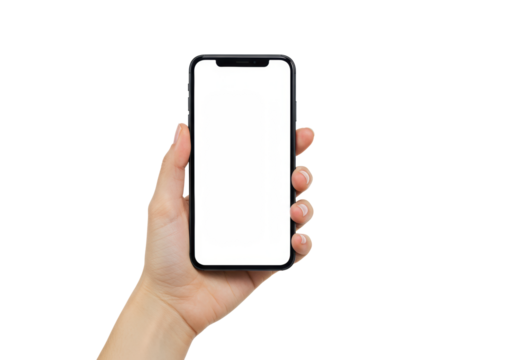 A fair-skinned female hand with clean manicured nails holds a modern smartphone vertically, featuring a blank white screen and 'dynamic island' cutout, isolated on a transparent background with