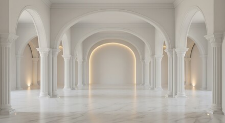 Luxury white empty room classic space interior, There are decorated with arches indian style, doric column, white marble floor and hidden warm light