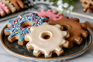 Gear shaped cookies with colorful icing frosting sprinkles