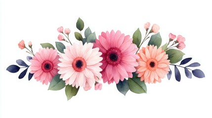 A bouquet of pink and orange flowers with green leaves
