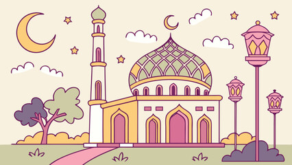 Ramadan kareem mosque illustration with moon and stars for islamic holiday vector design concept art