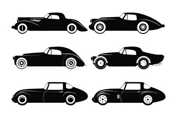 Classic Car Silhouettes: Collection of six sleek classic car silhouettes, perfect for design projects needing a vintage automotive aesthetic.