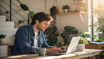 Man working on laptop at home desk