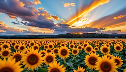 the image showcases a wide field of sunflowers under a vibrant sky, the foreground is filled with sunflowers in sharp focus, their yellow petals radiating around dark centers