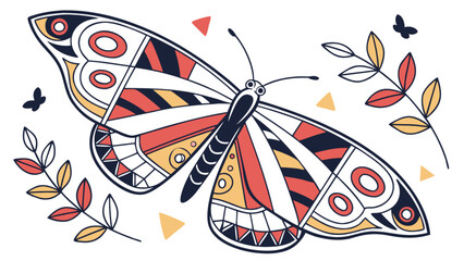 Colorful butterfly illustration with geometric patterns and floral elements design vector art