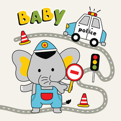 Cartoon baby elephant dressed as police officer holding stop sign with traffic light, cones, and road scene. Law enforcement concept
