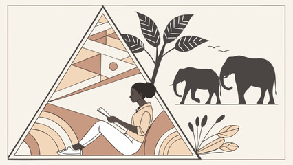African safari reading woman illustration with elephants and nature landscape vector design