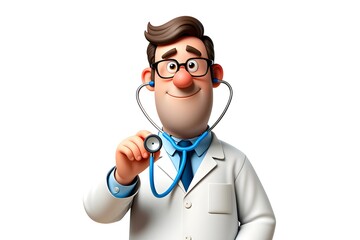 Cartoon doctor with stethoscope wearing glasses on a white background