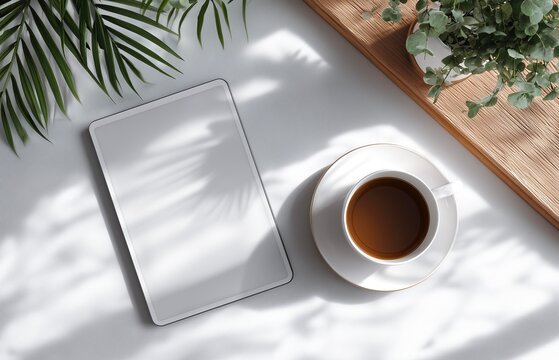 Modern workspace with tablet computer, coffee cup and plant. Top view