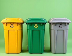 the image displays three bins aligned in a row, the bin to the left is yellow, the center bin is green, and the bin on the right is a light gray