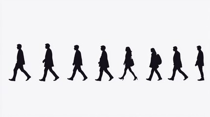 Vector illustration featuring black silhouettes of diverse individuals walking.