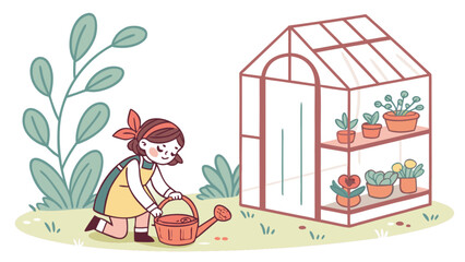 Illustration of a girl watering plants in a greenhouse garden for gardening and growing plants hobby