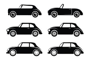 Fototapeta premium Classic Car Silhouettes: A collection of stylish black classic car silhouettes, showcasing the iconic elegance of vintage automobiles. Ideal for transport, design, and automotive projects.