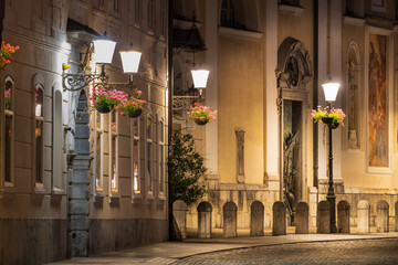 View of the Archdiocese of Ljubljana(Nadškofija Ljubljana) , entrance gate at night
