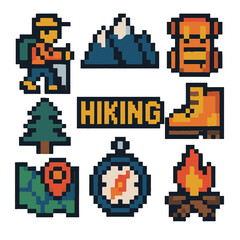 Hiking icon set, pixel art, eps 10 illustration