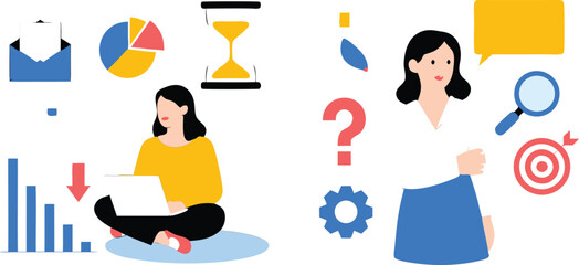Fototapeta premium Two Women Surrounded by Business Analytics Icons Illustrating Data Analysis and Strategic Planning