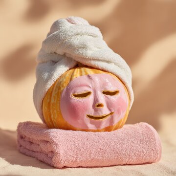 Pumpkin wearing pink skincare mask and white towel turban
