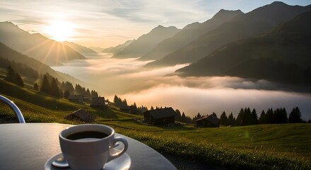 A Quiet Morning Moment with Coffee and a Beautiful Mountain Valley View (Generative AI)