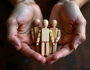 the main subject of the image consists of three, light toned, wooden figurines resembling people of different sizes