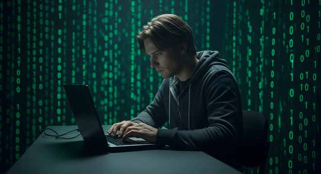 Anonymous hacker with mask and hoodie working on laptop, surrounded by binary code. Cybersecurity, data breach, cybercrime, dark web.