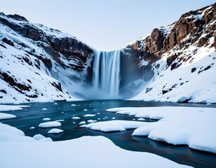 the image captures a majestic winter landscape, the main subject is a waterfall cascading into a partially frozen lake, the waterfall is framed by rocky cliffs on either side