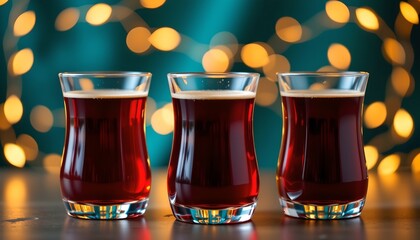the image focuses on three glass receptacles, each is filled with a dark liquid, the leftmost container appears to hold a beverage of a reddish brown hue