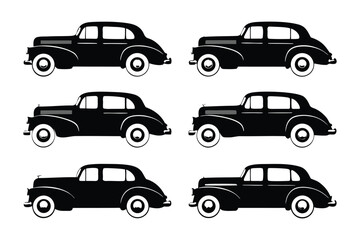 Vintage car in collection: A collection of classic black vehicles are displayed in this vector illustration, capturing the essence of timeless elegance and design.