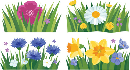 Cartoon Spring Flower Patches Poppy, Daisy, Cornflower, and Daffodil Illustrations in Green Grass