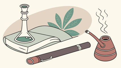 Science lab equipment book pen and smoking pipe illustration for education and creative projects design vector