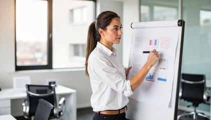 Young woman presenting data on whiteboard in modern office setting