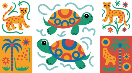 Colorful Cartoon Animal Pattern Turtles, Leopards, Palm Trees, and Floral Elements Illustration