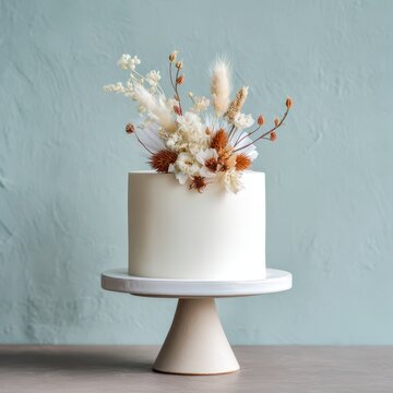 Minimalist round white wedding cake with dried flowers in front of pale blue wall