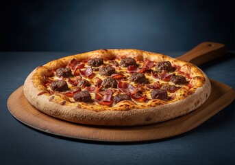 Hearty Meatball and Bacon Pizza on Wooden Peel