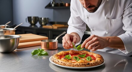 Chef Garnishing Margherita Pizza with Fresh Basil in Kitchen