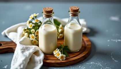 the image shows two glass bottles filled with a creamy white liquid, likely a dairy product, each bottle is sealed with a cork like stopper