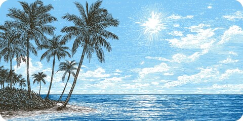 Tropical Paradise Escape: Sunlit Coastline with Lush Palm Trees and Azure Waters