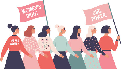 Diverse Women Marching with Feminist Flags Women's Right and Girl Power Illustration